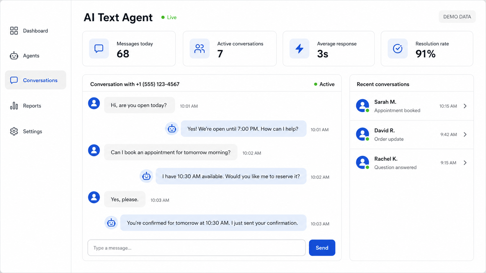 AI text agent conversation dashboard